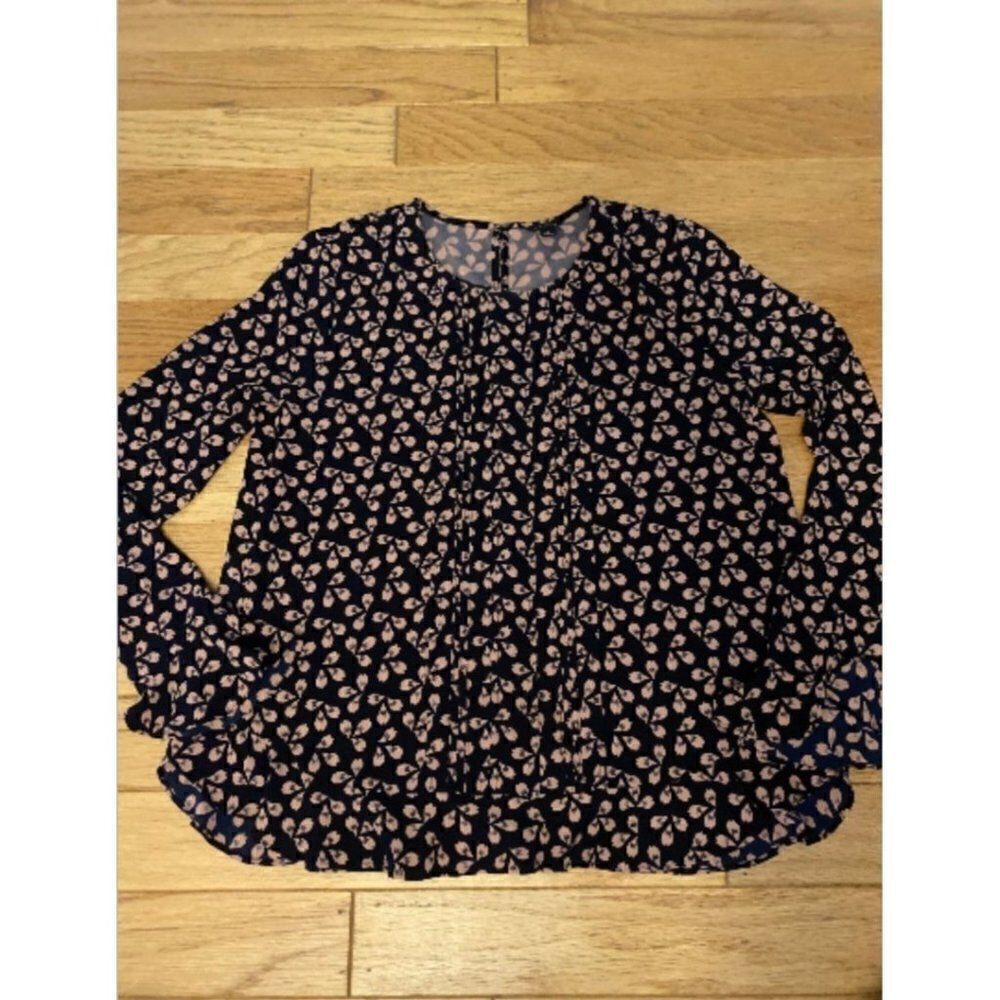 Ann Taylor women's long sleeve ruffled wrist black floral w keyhole back sz sm